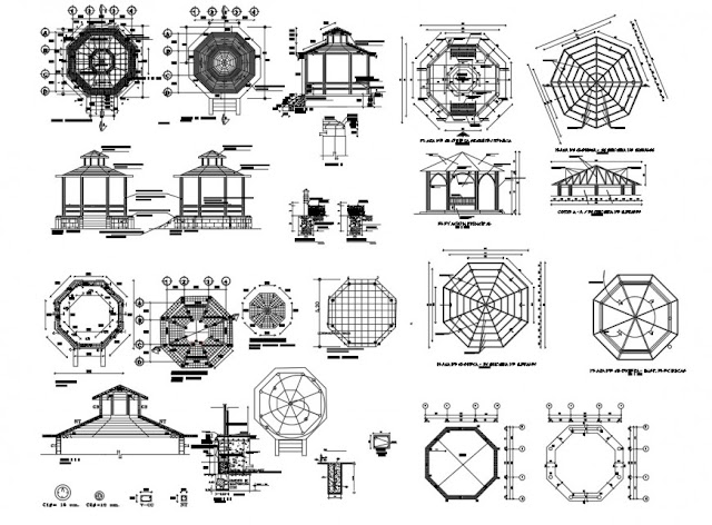 GARDEN GAZEBO DETAIL ELEVATION AND PLAN LAYOUT AUTOCAD FILE