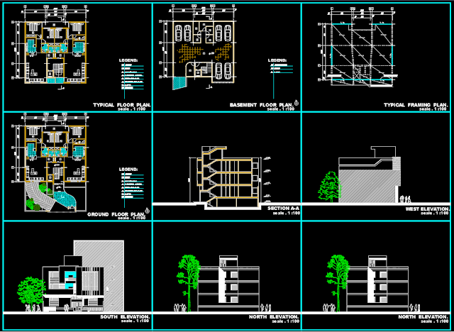 Plans of a 3-story house 15 * 14 m 210 sqm [DWG]
